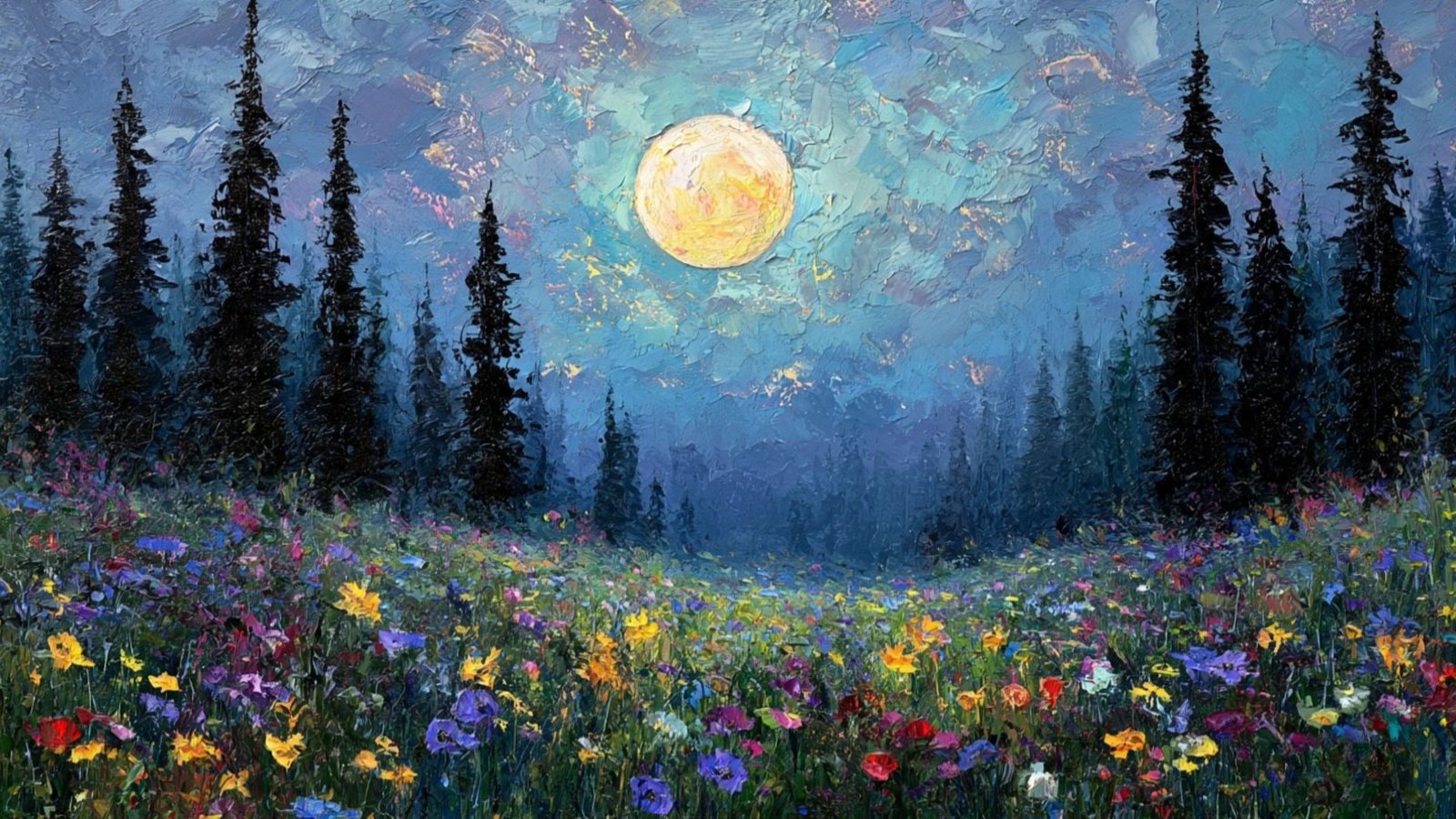 full moon over wildflower meadow